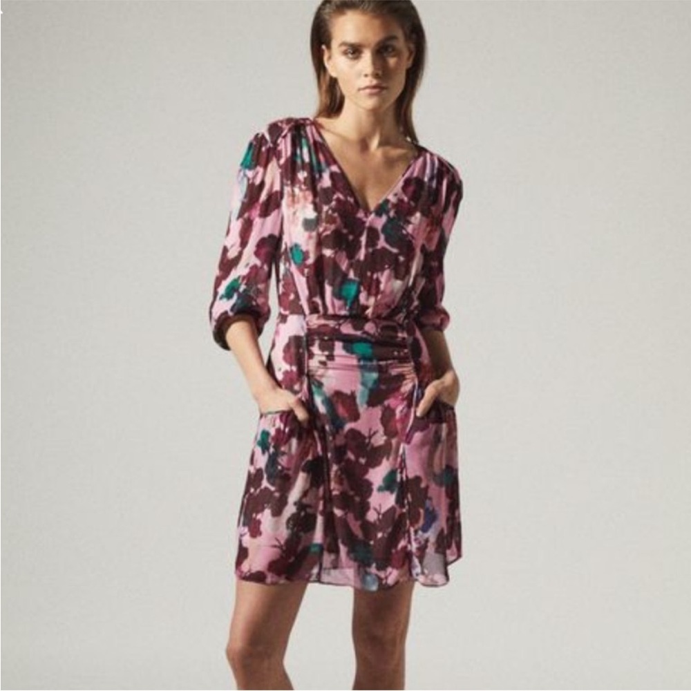 Reiss Josephine floral print mini dress pink long sleeve keyhole back 8 NEW